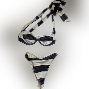 NWT SAME Los Angeles Swim Top and bottom Navy/Cream Stripe XS